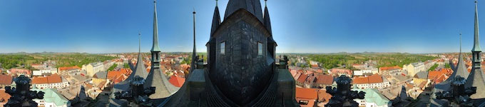 Chrám Svatého Mikuláše v Lounech, výhled z věže chrámu - virtuální prohlídka na serveru virtualtravel.cz